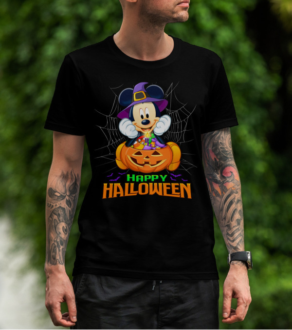 Mickey Happy Halloween Witch Hat Pumpkin Bat Spiderweb T-Shirt
