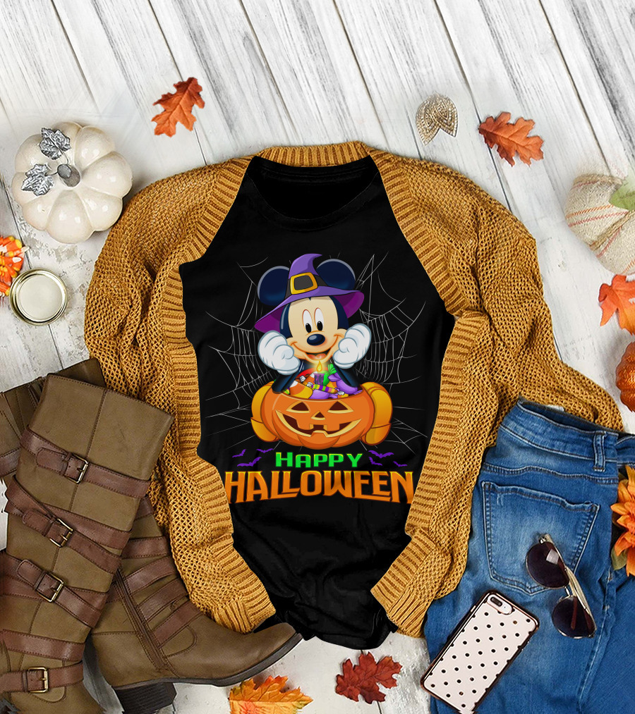 Mickey Happy Halloween Witch Hat Pumpkin Bat Spiderweb T-Shirt