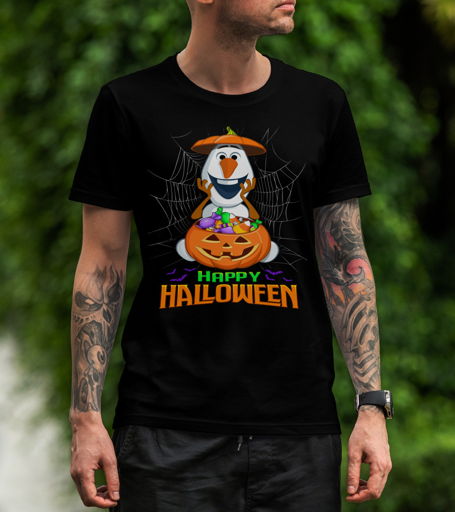 Olaf Happy Halloween With Pumpkin And Candy Basket T-Shirt