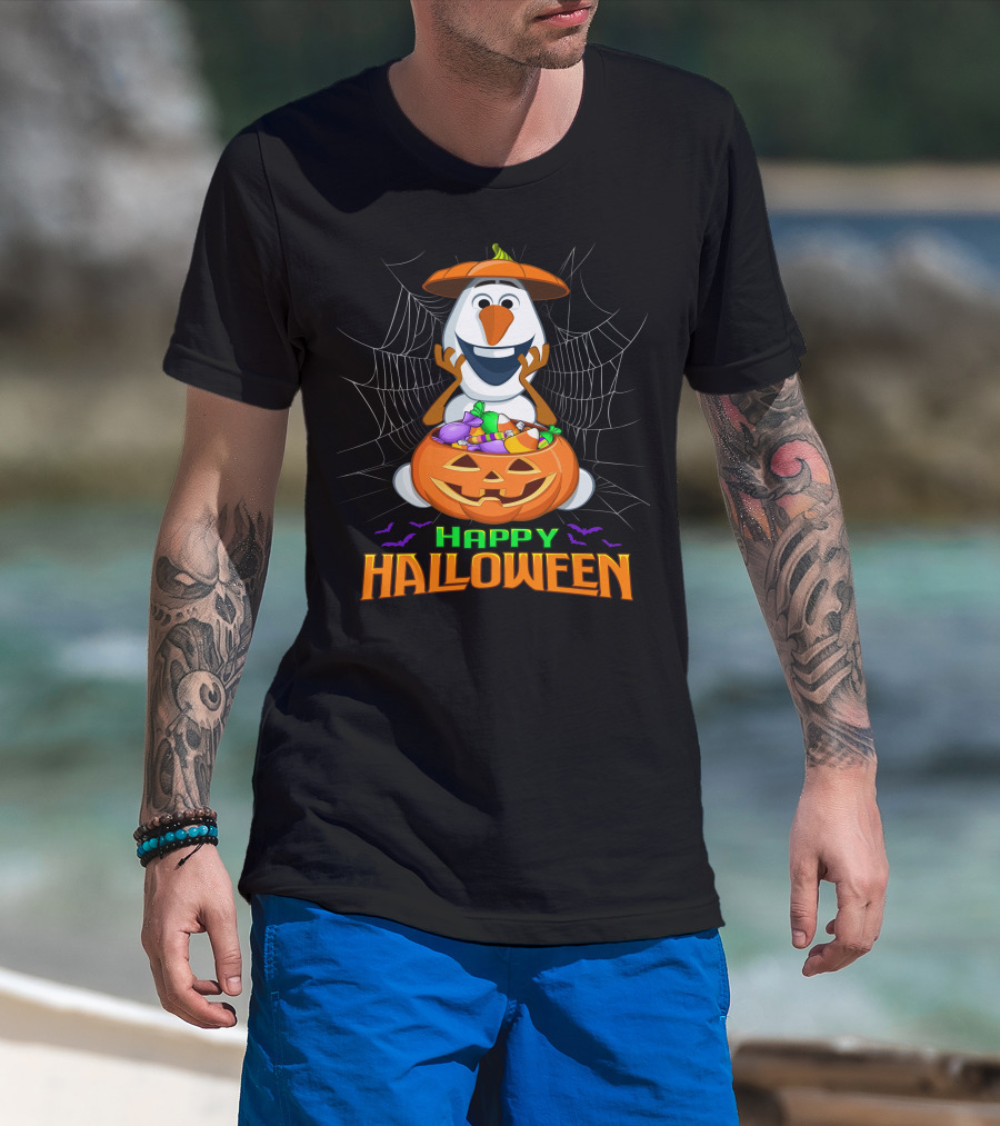 Olaf Happy Halloween With Pumpkin And Candy Basket T-Shirt