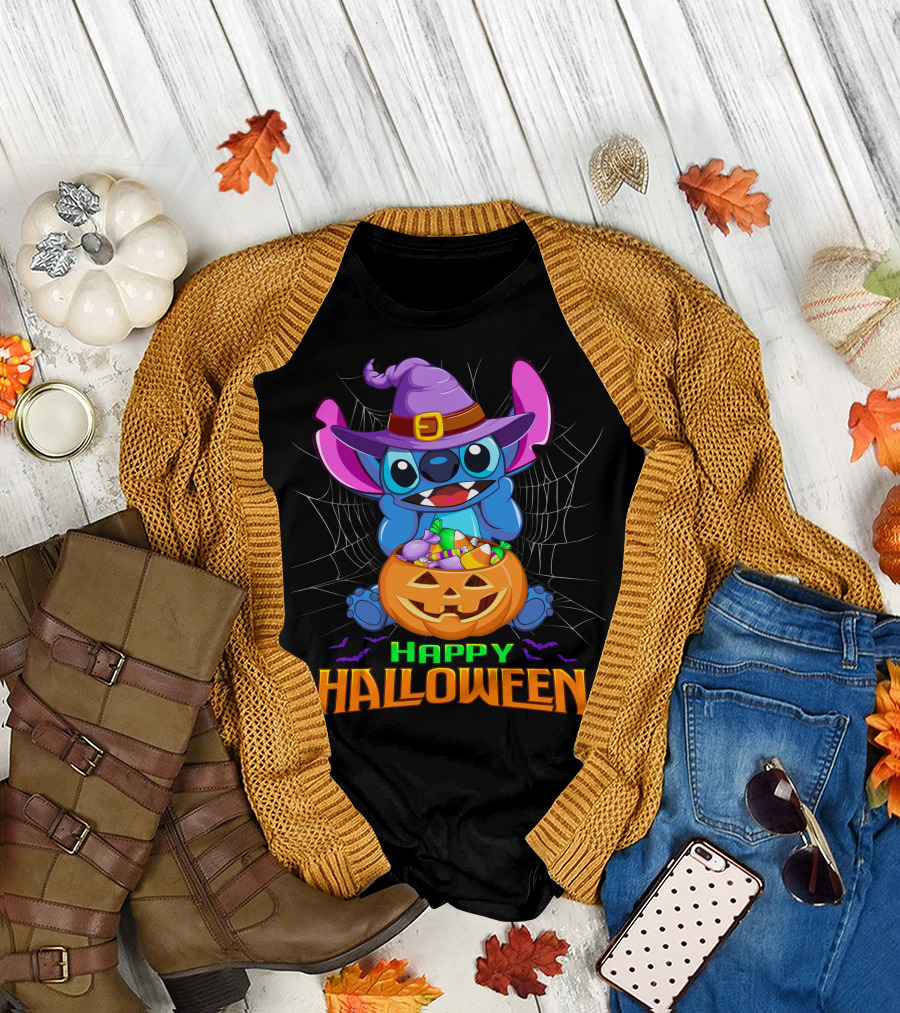 Happy Halloween Stitch Witch Costume Pumpkin Candy Basket T-Shirt