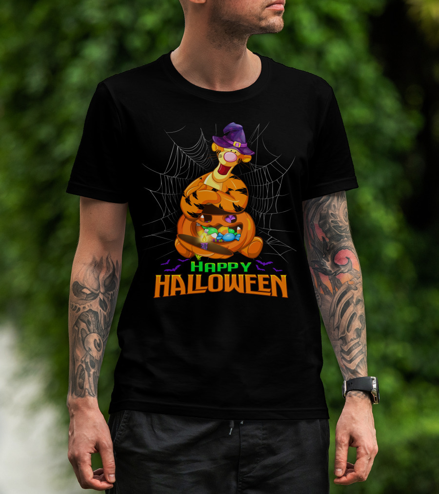 Happy Halloween Tigger Witch Pumpkin Candy Spiders T-Shirt