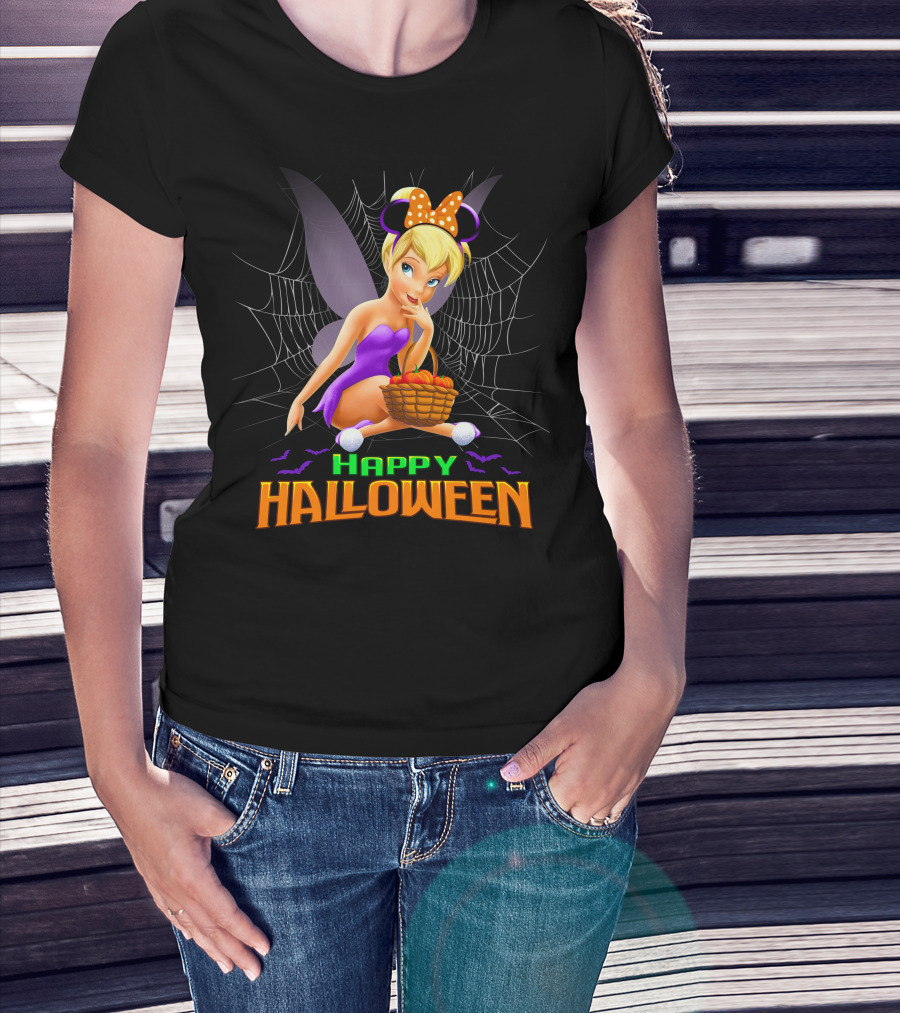 Tinker Bell Happy Halloween Pumpkin Basket With Bat Wings And Spiderweb T-Shirt