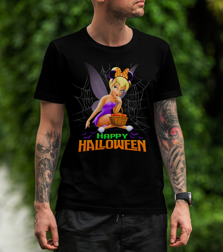 Tinker Bell Happy Halloween Pumpkin Basket With Bat Wings And Spiderweb T-Shirt