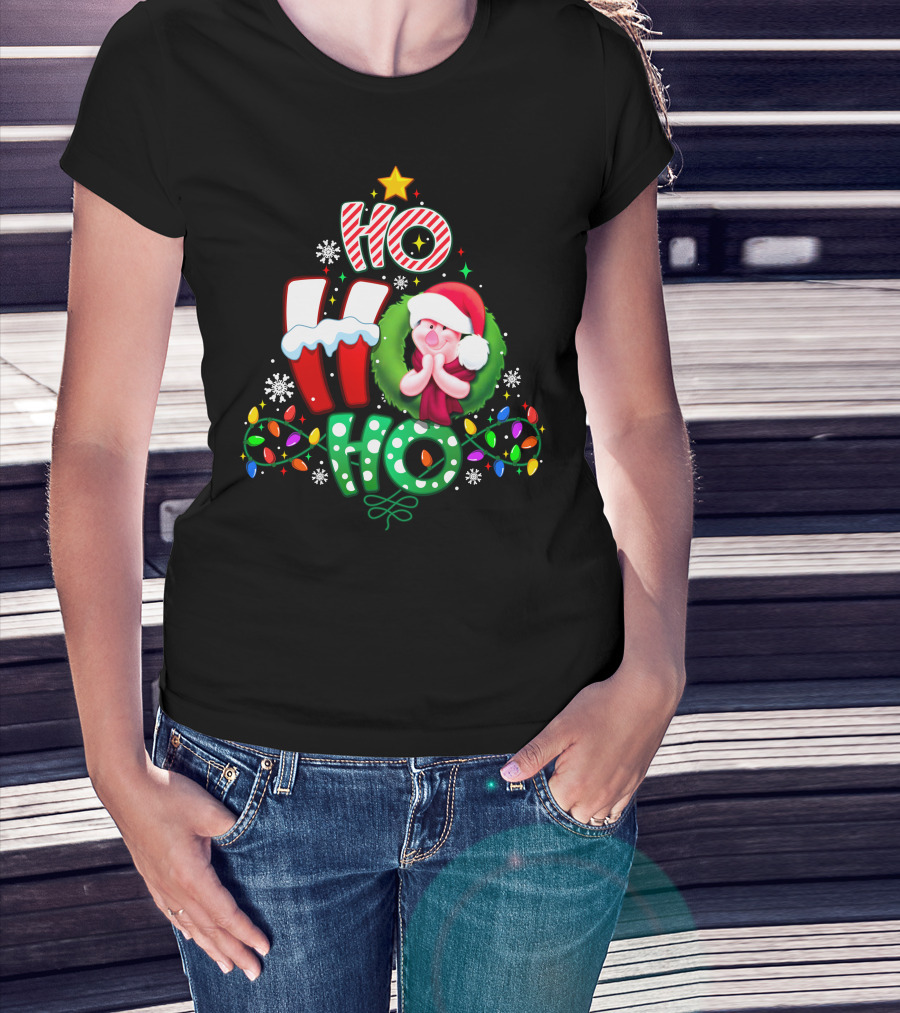 Ho Ho Ho Piglet Christmas Lights Snowflakes Santa Hat T-Shirt