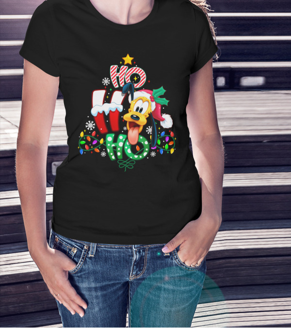 Ho Ho Ho Christmas Pluto Dog Lights Santa Hat T-Shirt