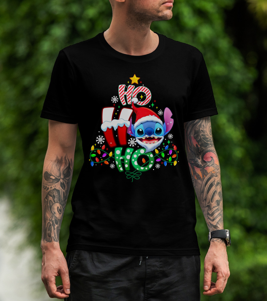 Ho Ho Ho Stitch Christmas Lights Santa Hat T-Shirt