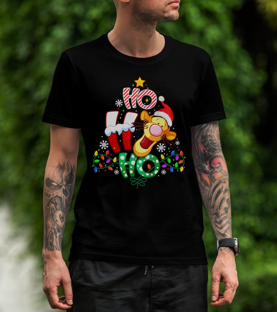 Tigger Christmas Ho Ho Ho Santa Hat Lights Snowflakes T-Shirt