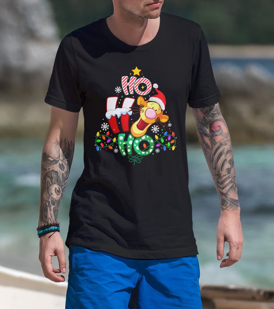 Tigger Christmas Ho Ho Ho Santa Hat Lights Snowflakes T-Shirt