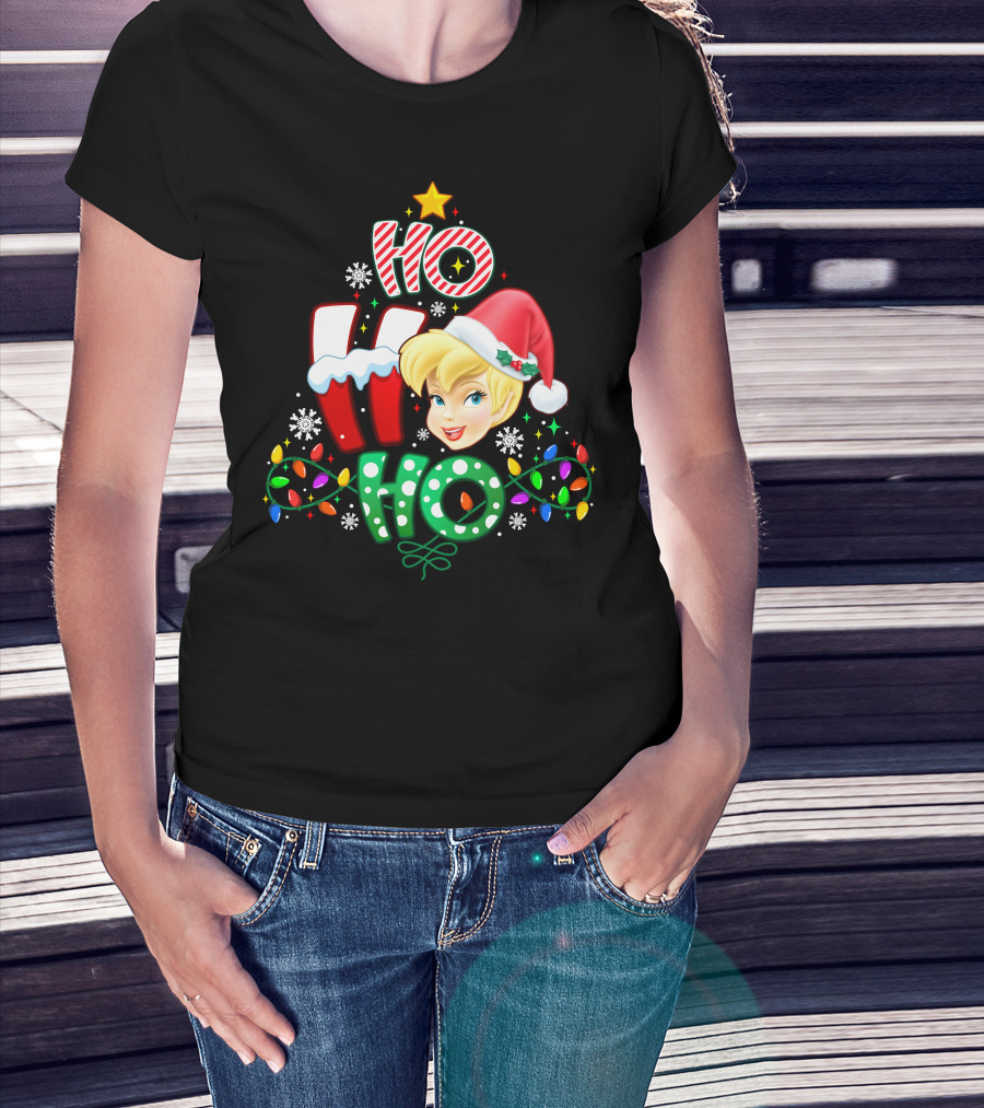 Ho Ho Ho Tinker Bell Christmas Lights Snowflakes Santa Hat T-Shirt