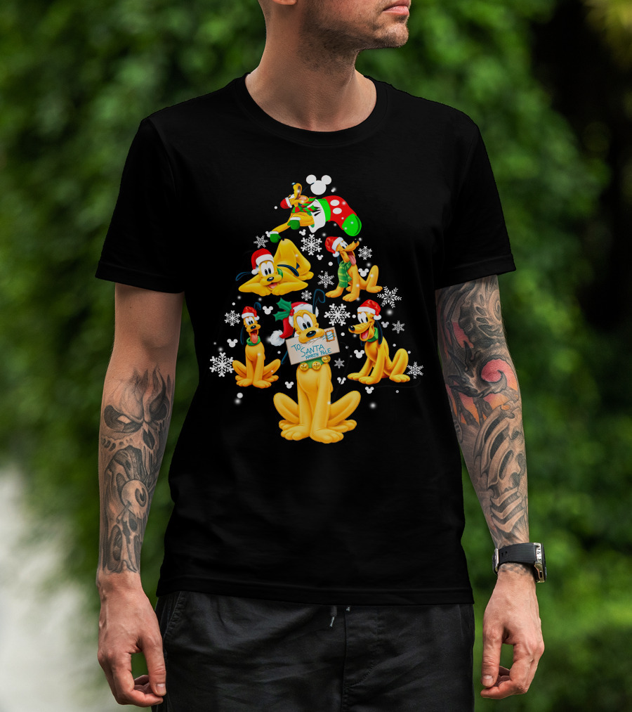 Pluto Christmas Tree Design With Santa Hat And Snowflakes T-Shirt