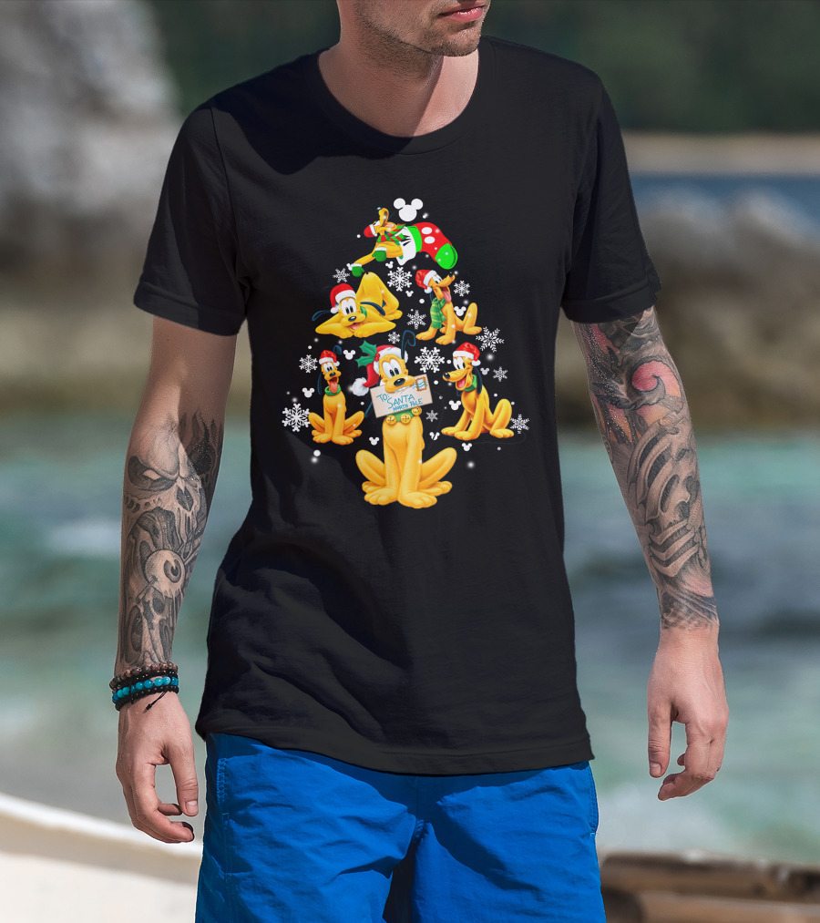 Pluto Christmas Tree Design With Santa Hat And Snowflakes T-Shirt