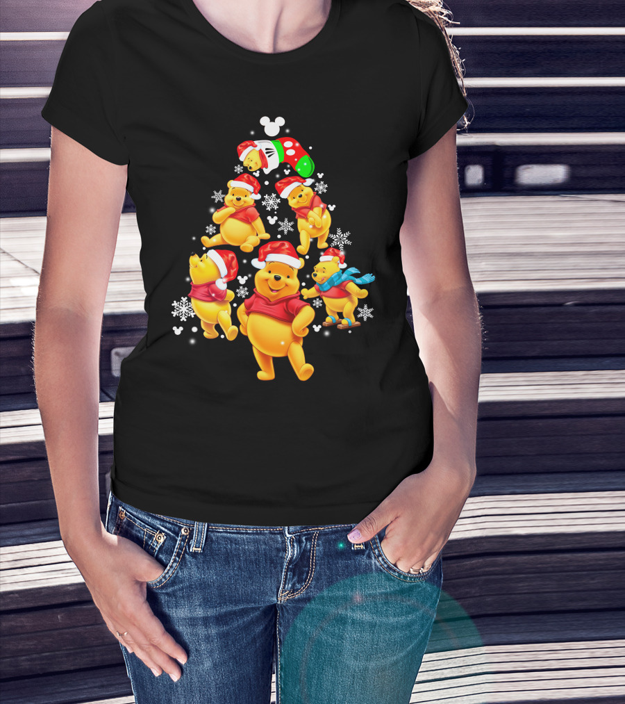 Disney Winnie The Pooh Christmas Santa Hat Festive Holiday Snowflakes T-Shirt