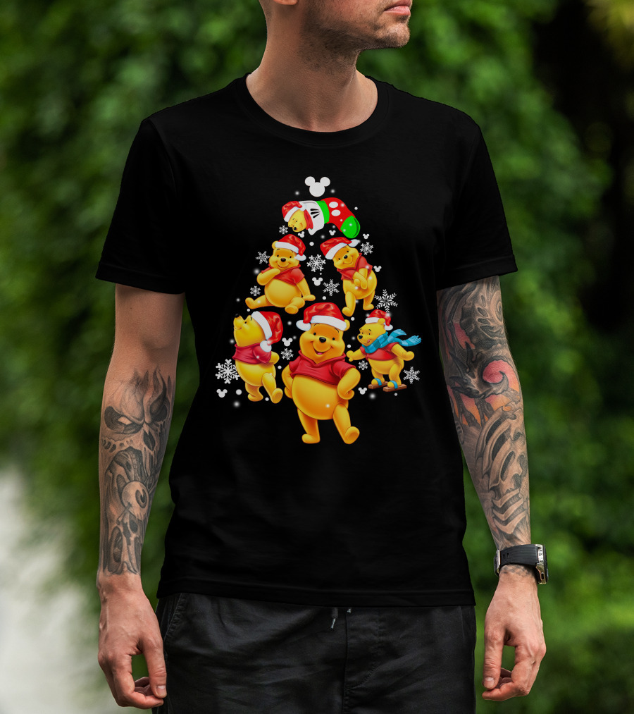 Disney Winnie The Pooh Christmas Santa Hat Festive Holiday Snowflakes T-Shirt