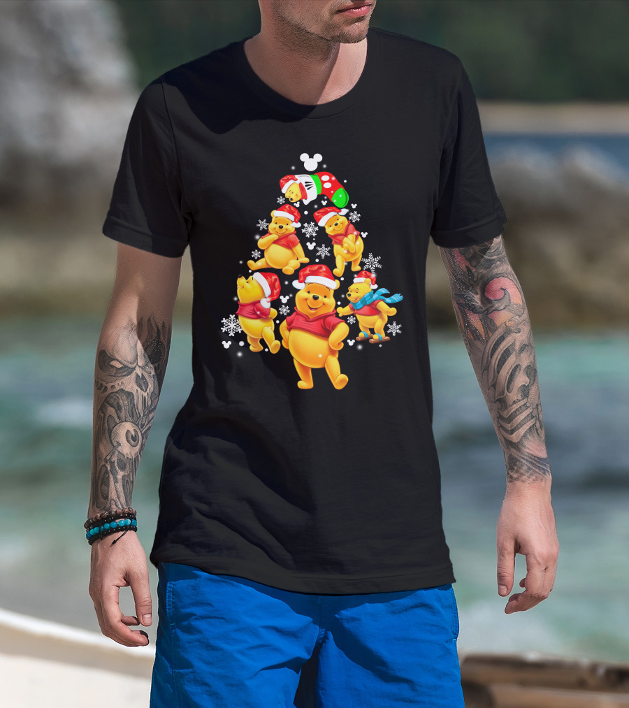 Disney Winnie The Pooh Christmas Santa Hat Festive Holiday Snowflakes T-Shirt