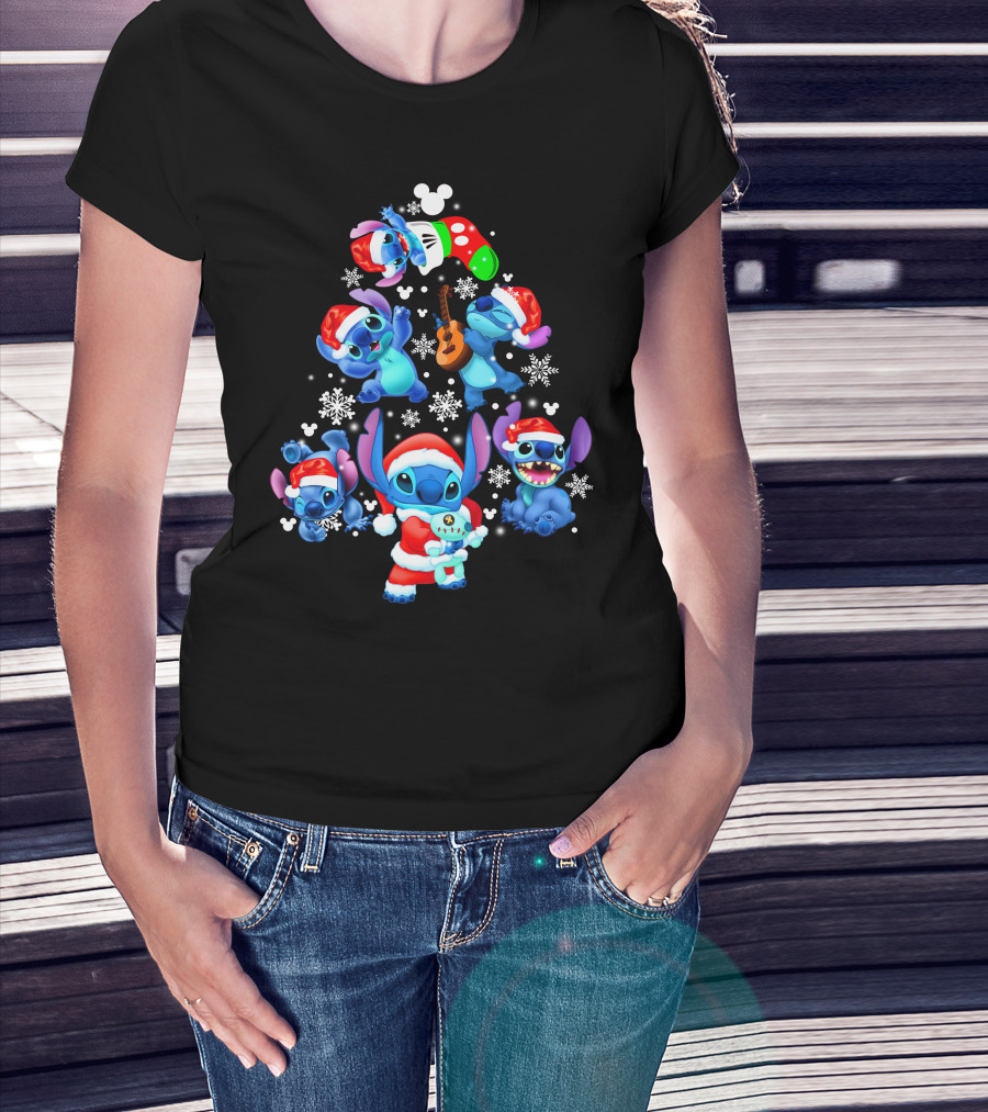 Stitch Christmas Tree With Snowflakes And Santa Hat Holiday T-Shirt
