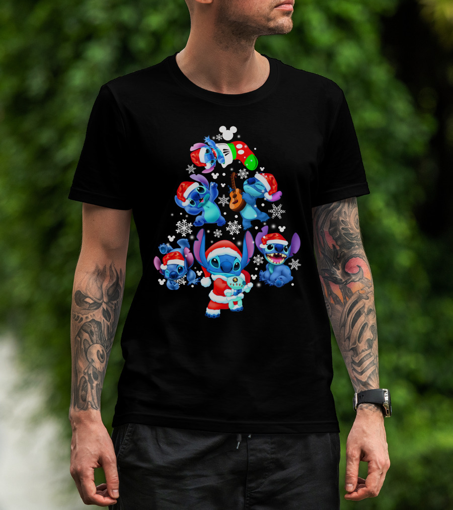 Stitch Christmas Tree With Snowflakes And Santa Hat Holiday T-Shirt
