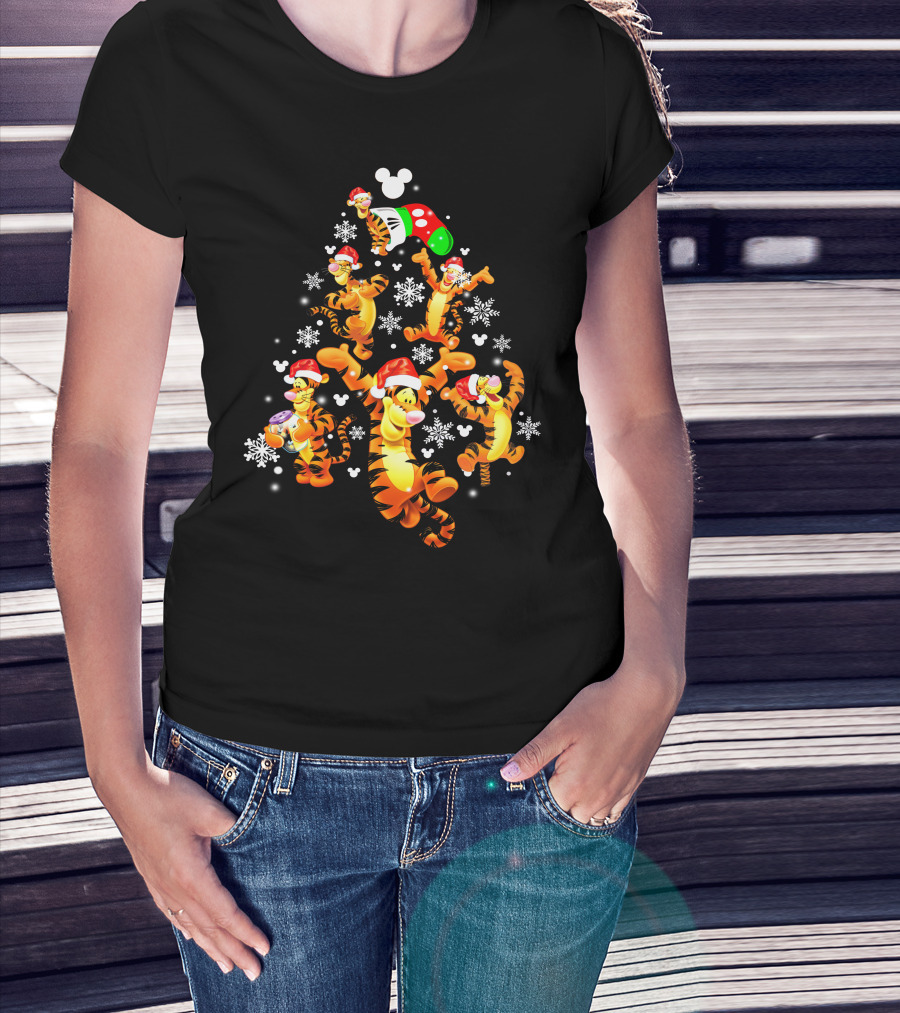 Tigger Christmas Santa Hat Snowflakes Mickey Ears T-Shirt