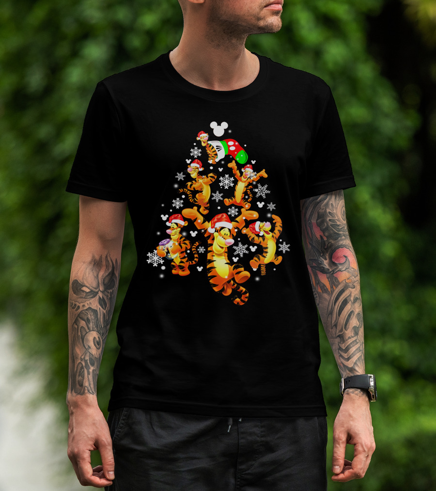 Tigger Christmas Santa Hat Snowflakes Mickey Ears T-Shirt