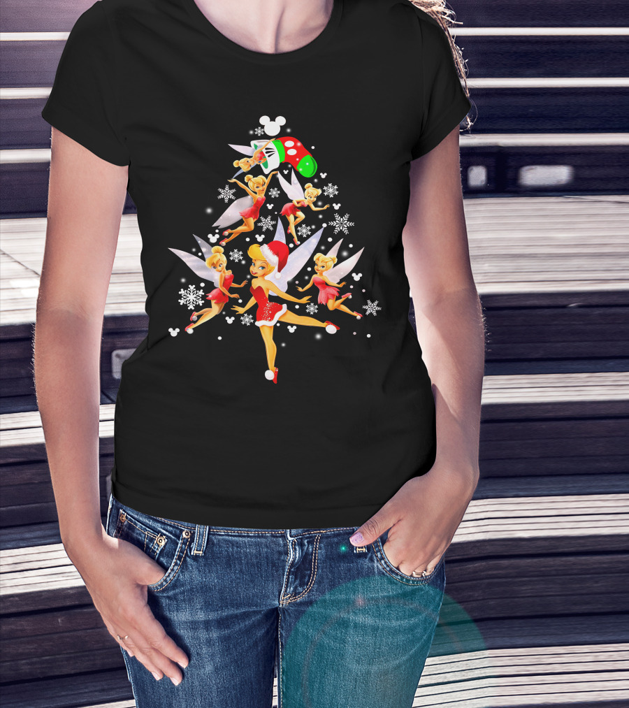 Tinker Bell Christmas Tree With Mickey Santa Hat And Snowflakes T-Shirt