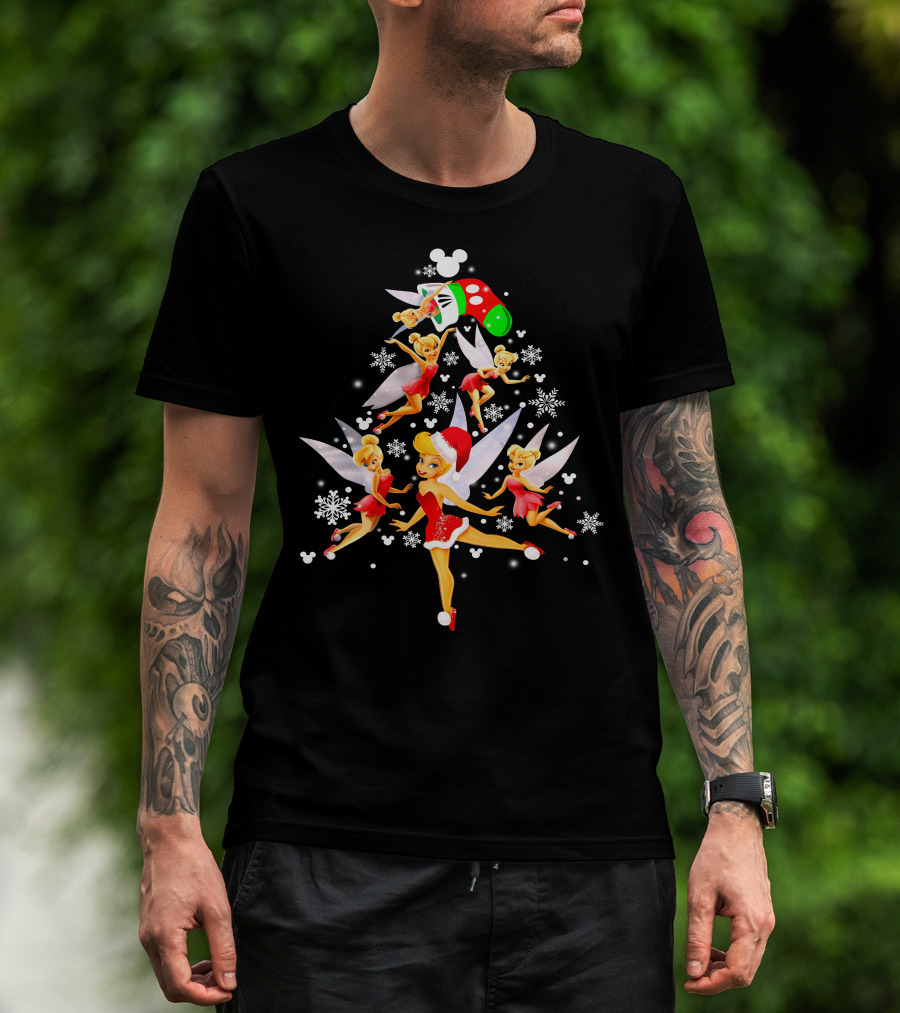 Tinker Bell Christmas Tree With Mickey Santa Hat And Snowflakes T-Shirt