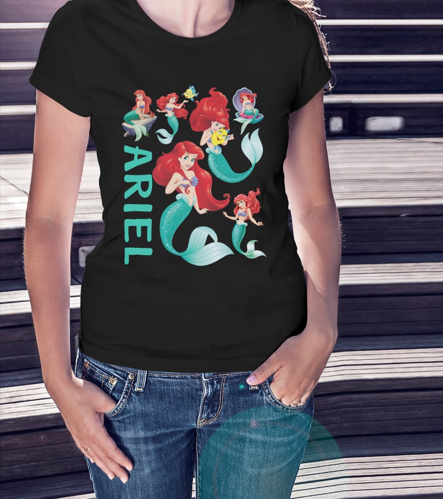 Ariel Little Mermaid With Flounder And Seashell Poses T-Shirt
