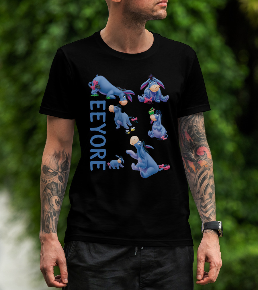 Eeyore Character Illustrations With Text On Black T-Shirt
