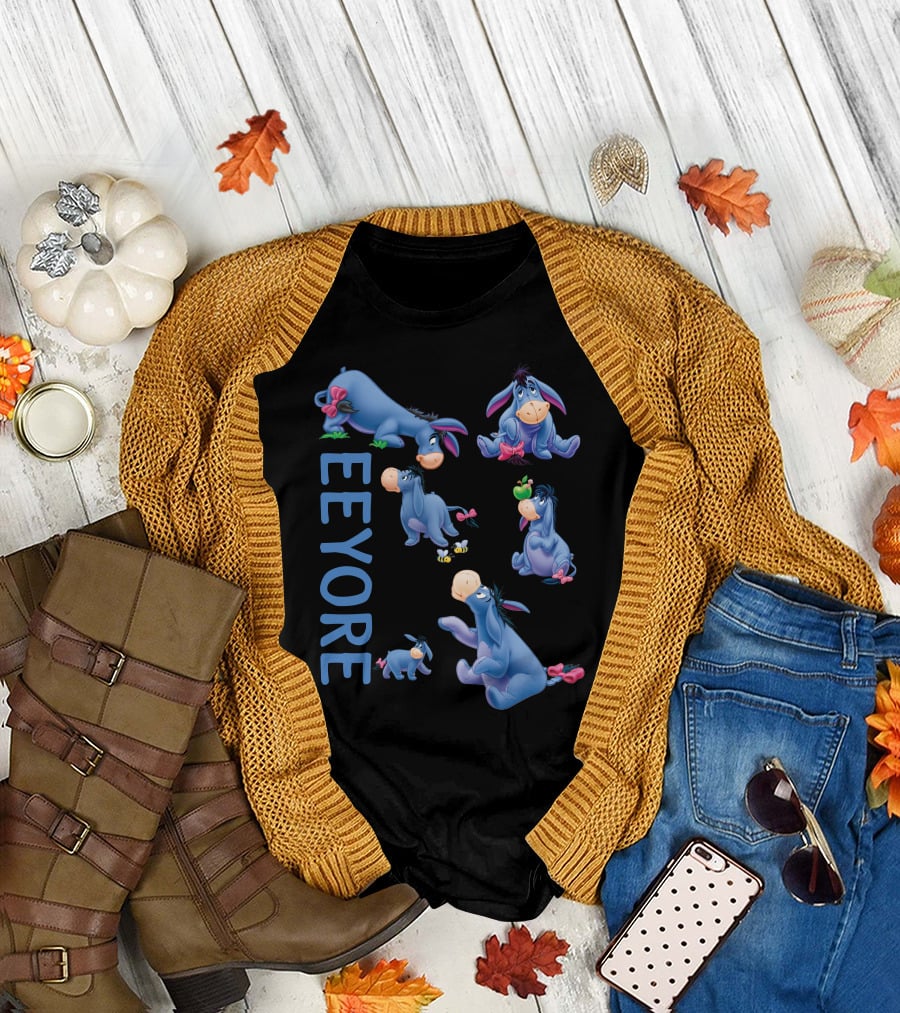 Eeyore Character Illustrations With Text On Black T-Shirt