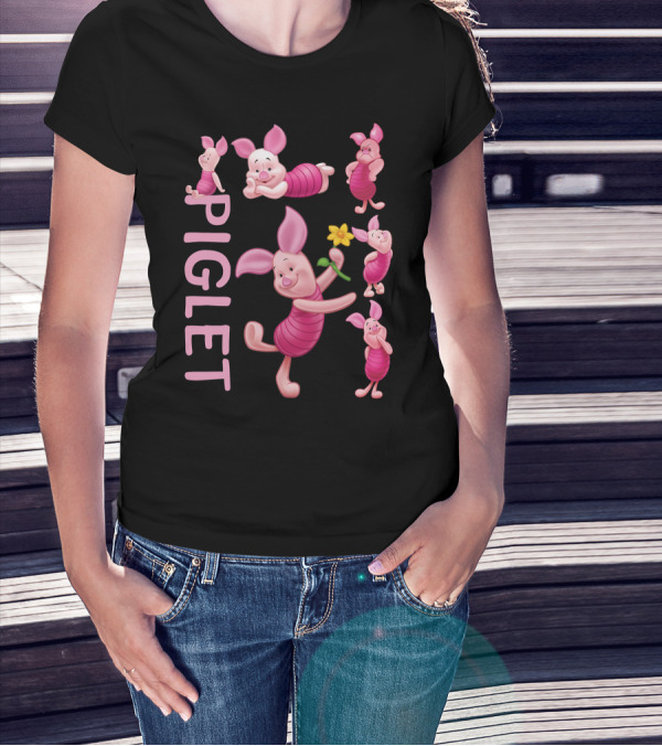 Piglet Playful Poses Cute Character With Flower T-Shirt