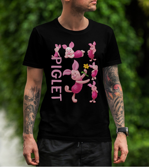 Piglet Playful Poses Cute Character With Flower T-Shirt