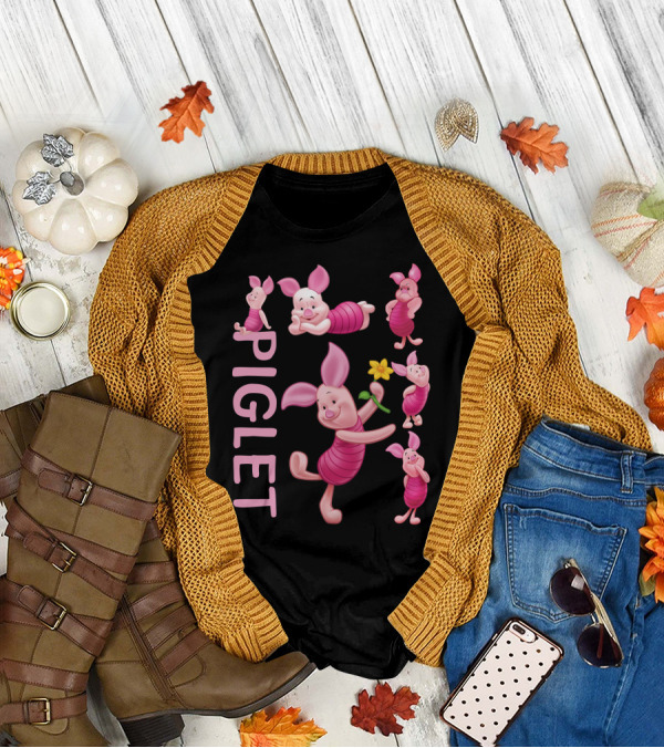 Piglet Playful Poses Cute Character With Flower T-Shirt