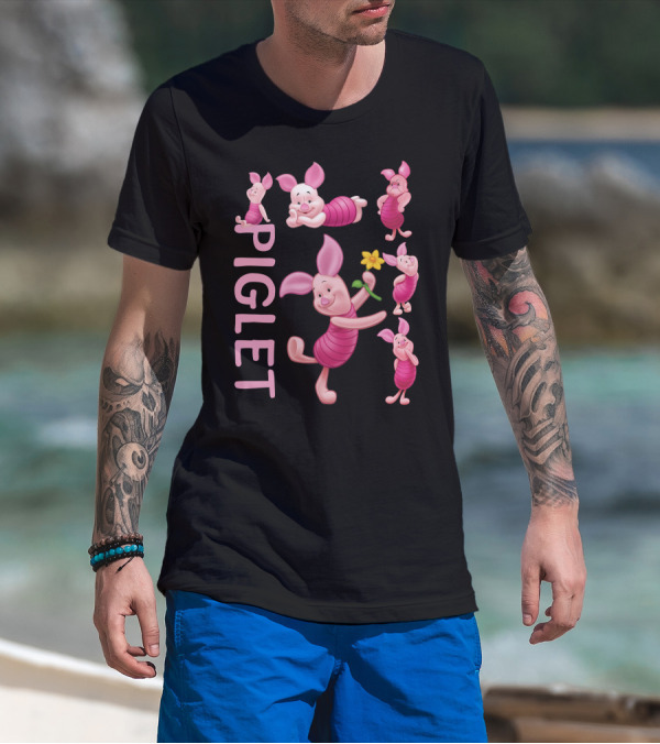 Piglet Playful Poses Cute Character With Flower T-Shirt