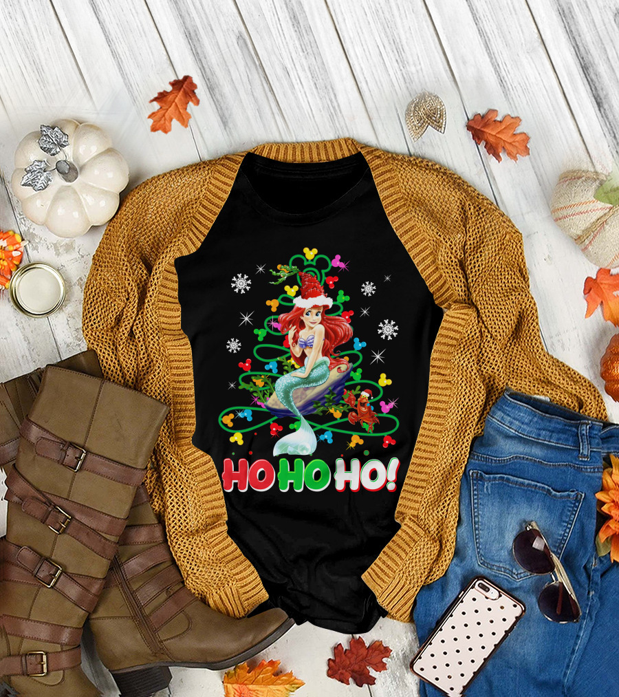 Ariel Ho Ho Ho Christmas Santa Hat Snowflakes T-Shirt
