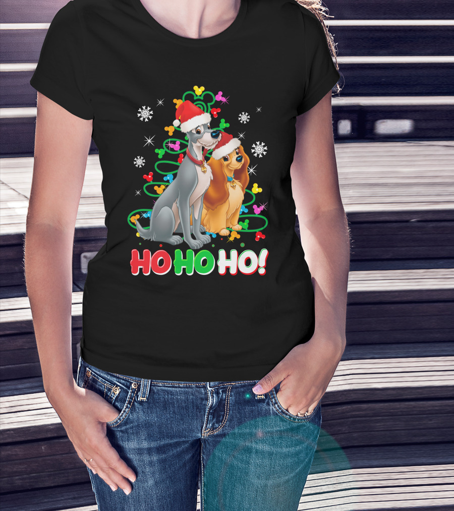 Lady And The Tramp Ho Ho Ho Christmas Santa Hats Snowflakes T-Shirt