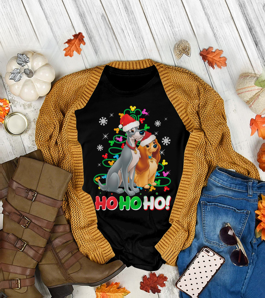 Lady And The Tramp Ho Ho Ho Christmas Santa Hats Snowflakes T-Shirt