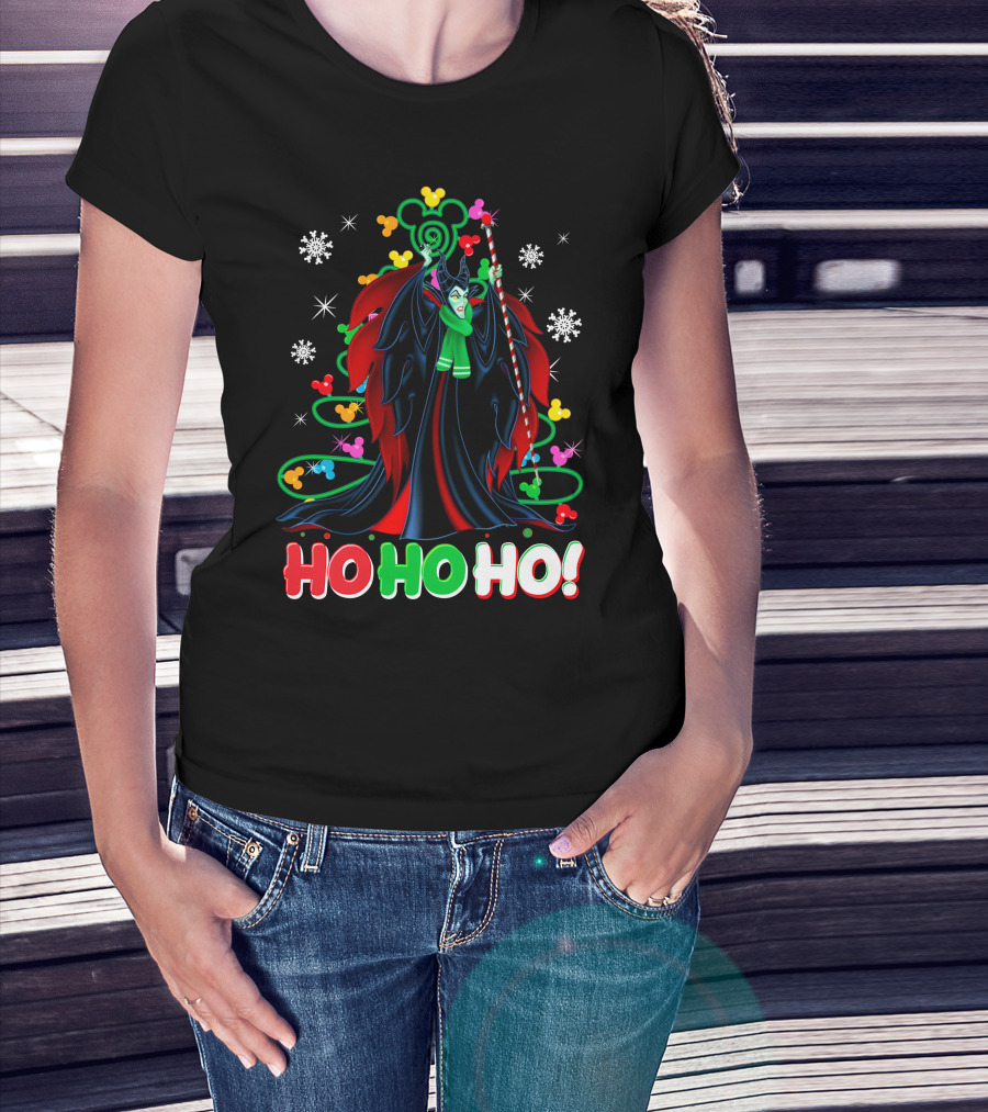 Maleficent Christmas Ho Ho Ho Snowflakes And Mickey Ears T-Shirt
