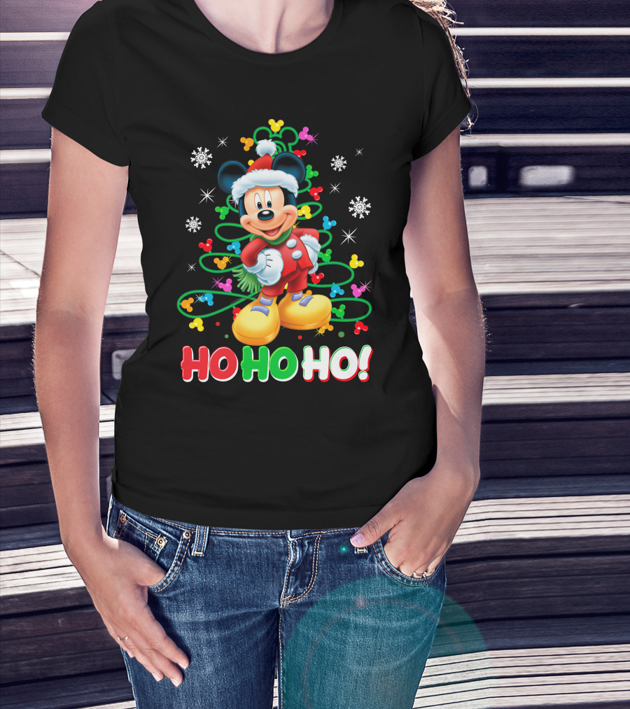 Mickey Mouse Christmas Ho Ho Ho Santa Outfit Snowflakes And Colorful Lights T-Shirt