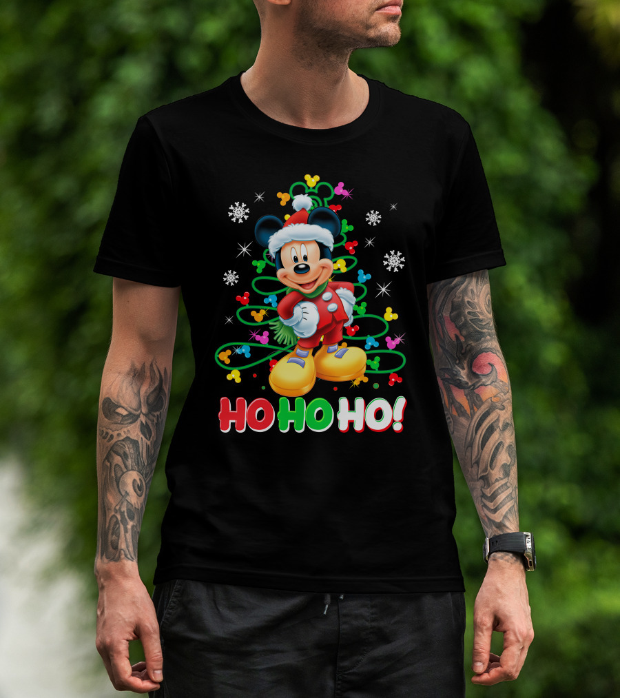 Mickey Mouse Christmas Ho Ho Ho Santa Outfit Snowflakes And Colorful Lights T-Shirt