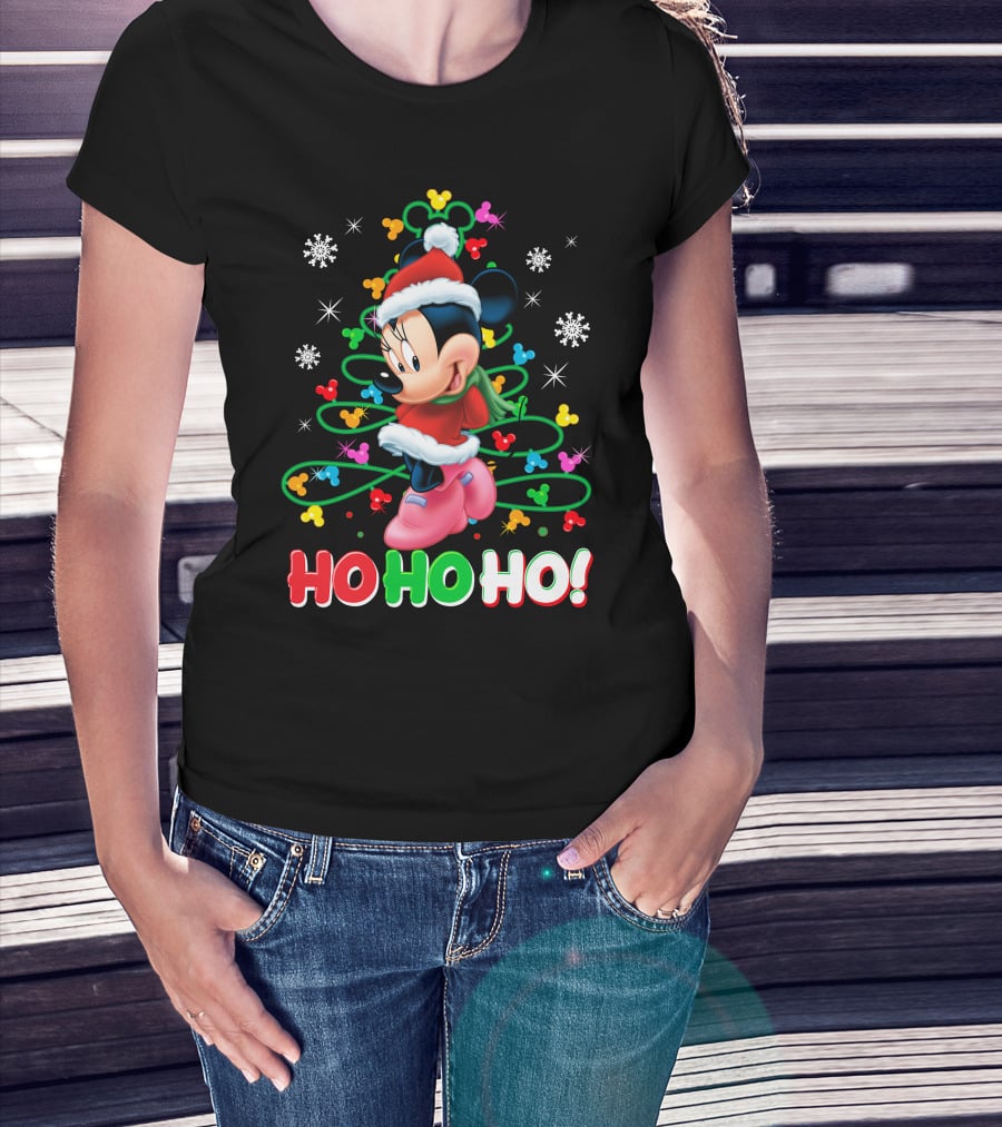 Minnie Mouse Christmas Ho Ho Ho Santa Hat Winter Holiday Snowflakes T-Shirt