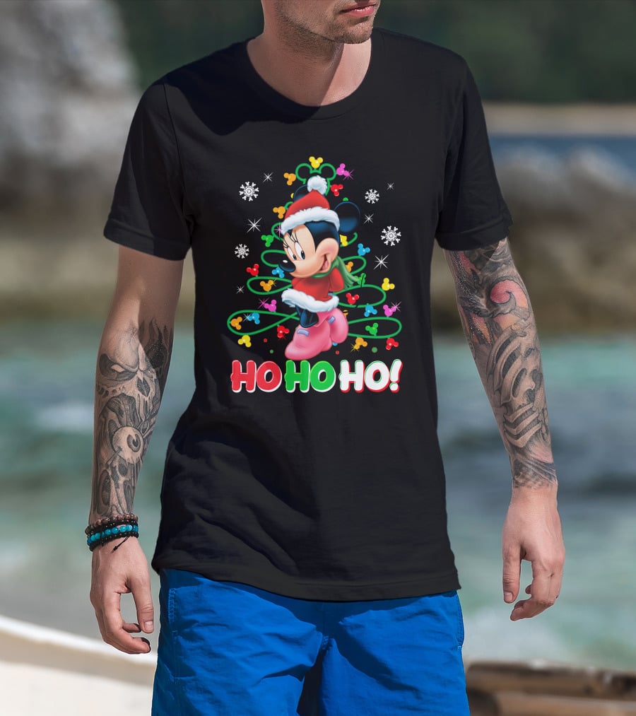 Minnie Mouse Christmas Ho Ho Ho Santa Hat Winter Holiday Snowflakes T-Shirt