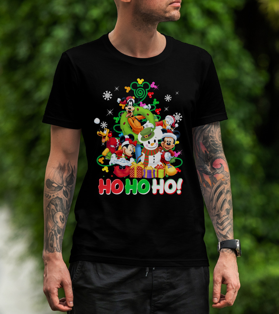 Mickey And Friends Holiday Cheer Ho Ho Ho Snowman And Gifts T-Shirt