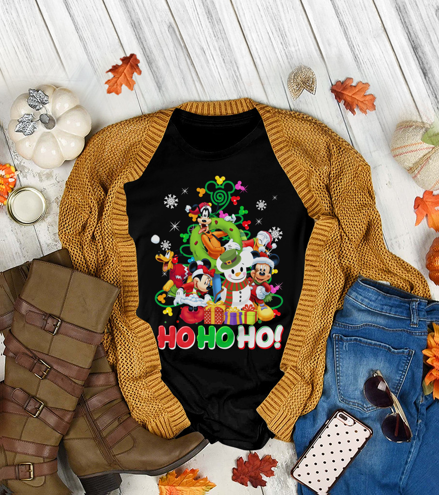 Mickey And Friends Holiday Cheer Ho Ho Ho Snowman And Gifts T-Shirt