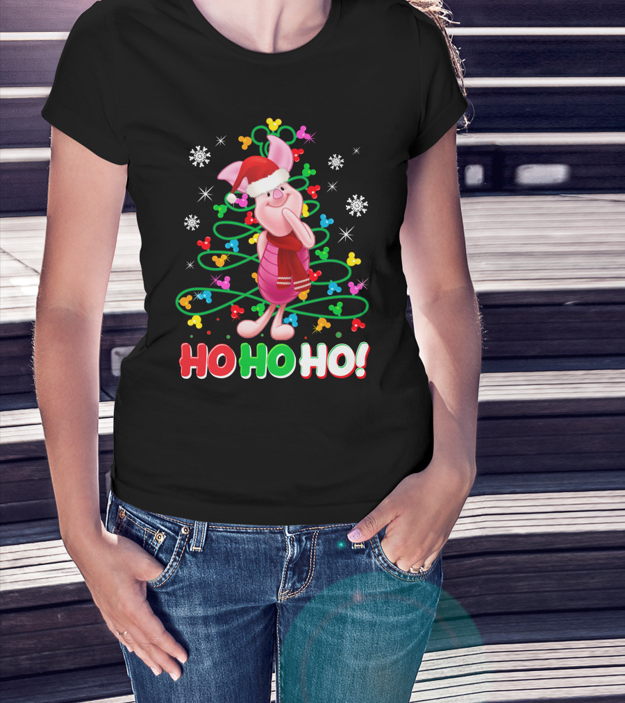 Piglet Christmas Ho Ho Ho Santa Hat Festive Holiday Snowflakes T-Shirt