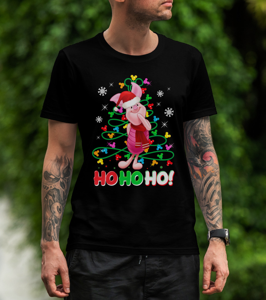 Piglet Christmas Ho Ho Ho Santa Hat Festive Holiday Snowflakes T-Shirt