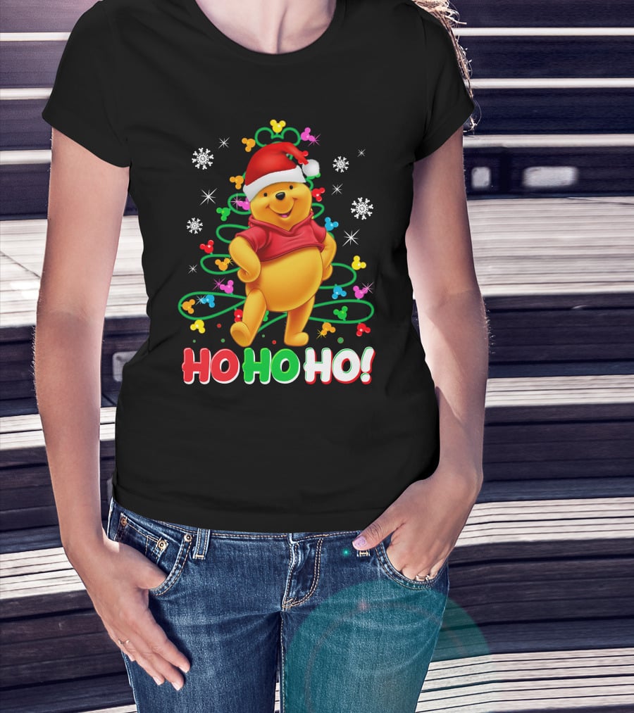 Winnie The Pooh Christmas Ho Ho Ho Santa Hat Snowflakes And Lights T-Shirt