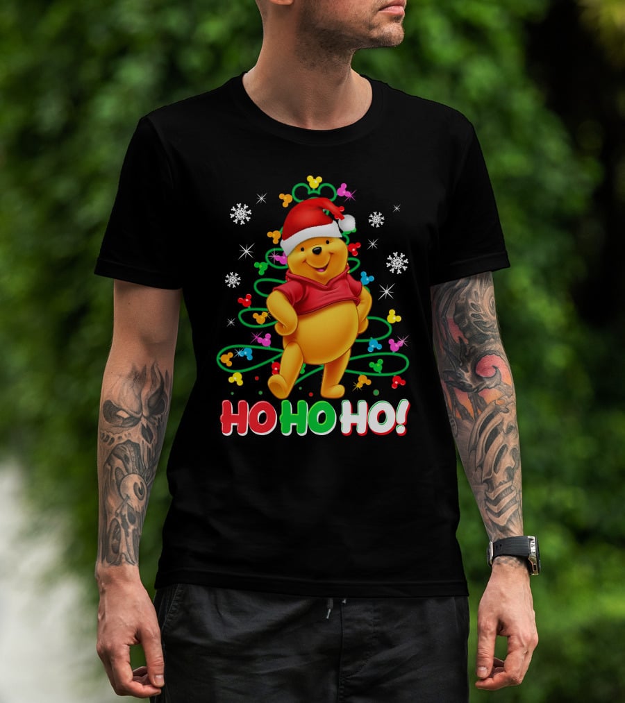 Winnie The Pooh Christmas Ho Ho Ho Santa Hat Snowflakes And Lights T-Shirt