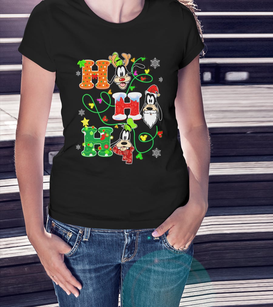 Goofy Christmas Holiday Hhh With Santa Hat And Snowflakes T-Shirt