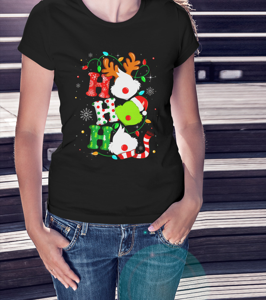 Ho Ho Ho Grinch Christmas Lights Reindeer Antlers Santa Hat Snowflakes T-Shirt