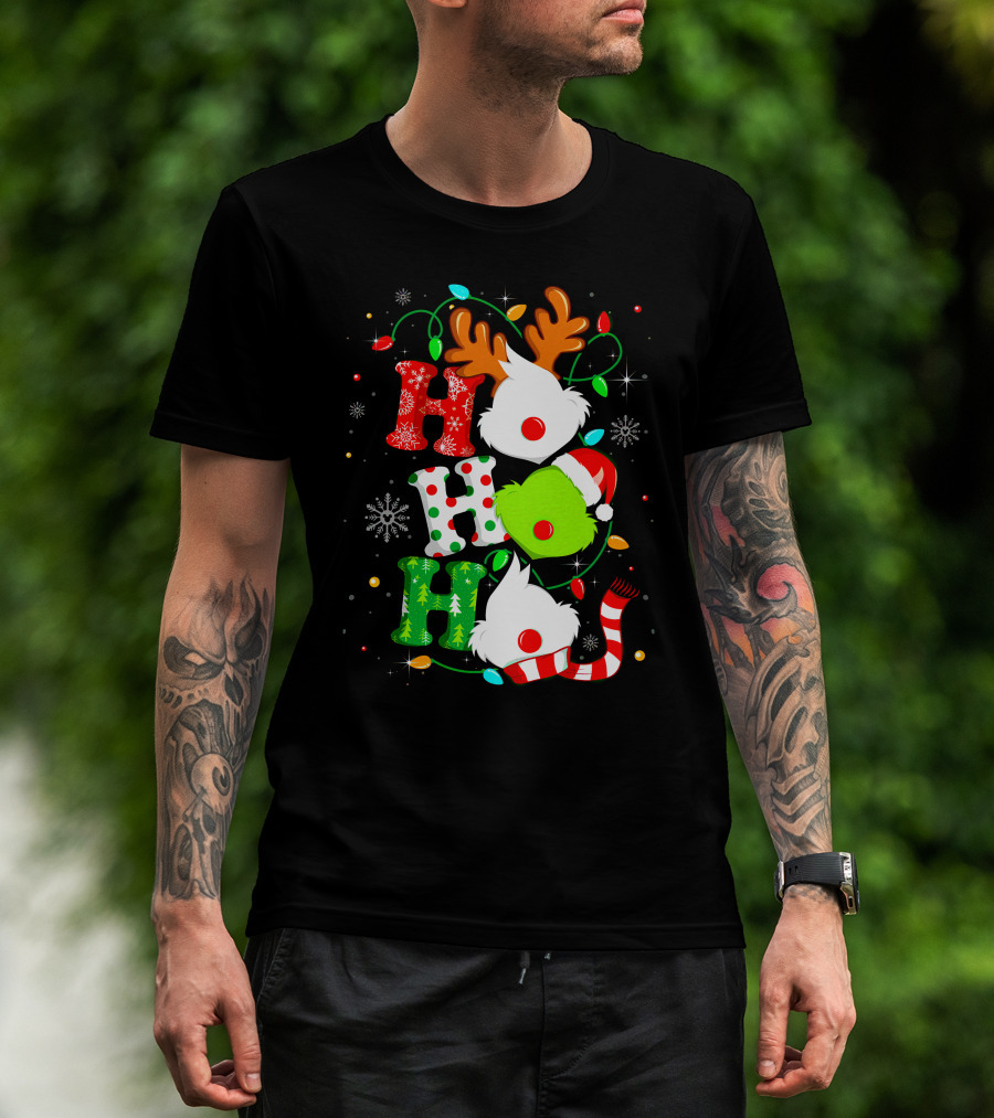 Ho Ho Ho Grinch Christmas Lights Reindeer Antlers Santa Hat Snowflakes T-Shirt