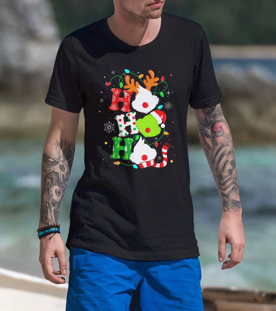 Ho Ho Ho Grinch Christmas Lights Reindeer Antlers Santa Hat Snowflakes T-Shirt